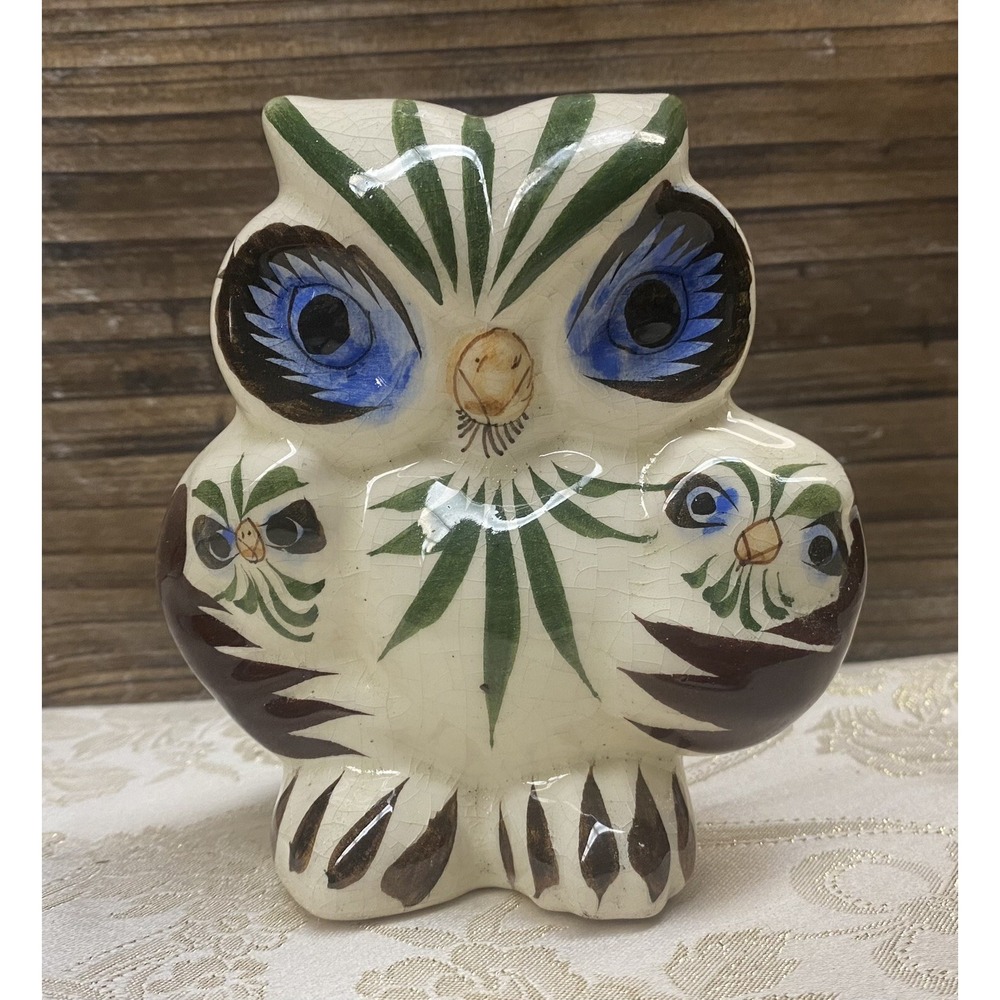 Vintage Tonala Rare Owl Holding Babies Hand Painted Pottery Figurine